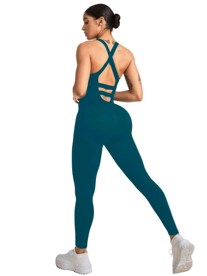 Women's Seamless Sports Jumpsuit with Tummy Control, Crisscross Straps, and Open Back