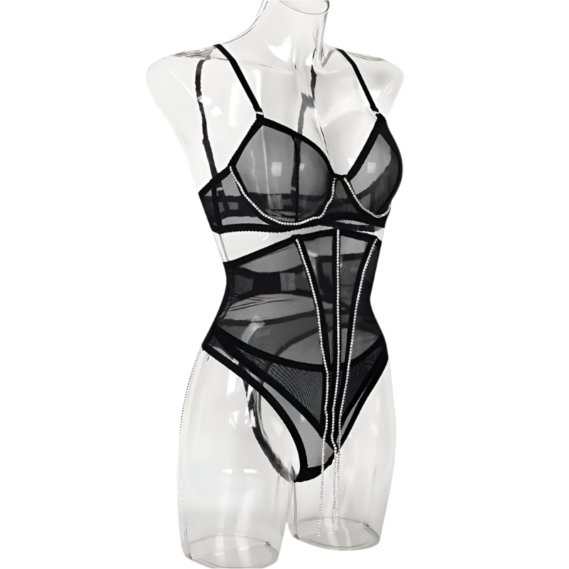Set Conjunto de lencería con pedrería y Encaje transparente y cinturilla