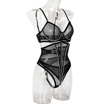 Set Conjunto de lencería con pedrería y Encaje transparente y cinturilla