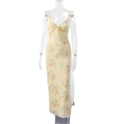 Women's Casual Dress with Floral Print, Backless, and V-Neckline 