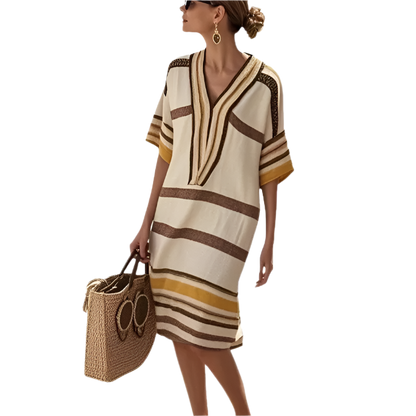 Striped print dress with a V-neckline in polyester and a relaxed waist