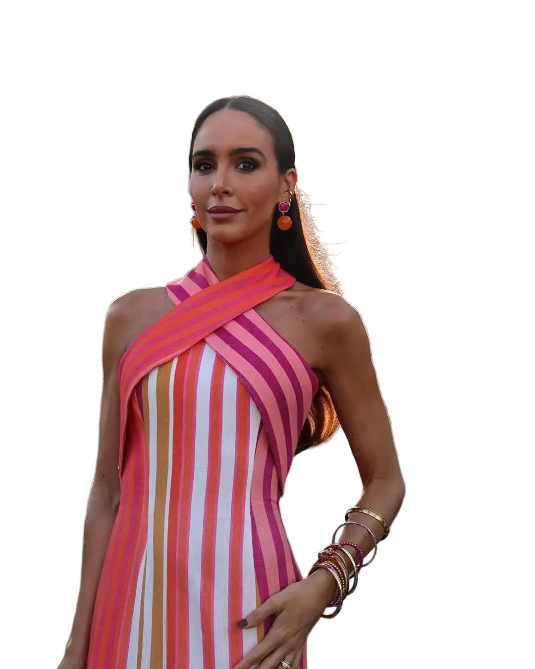 Halter Neck Striped Print Long Dress Off Shoulder Crisscross Backless Bodycon Dress