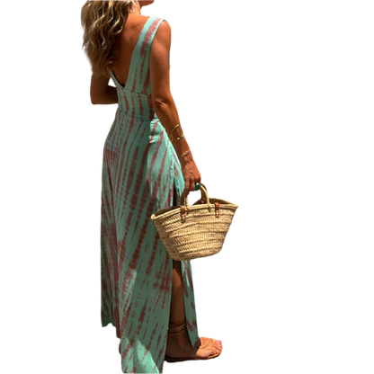 Vestido de verano con escote en V y estampado de corte entallado y abertura lateral de estilo casual
