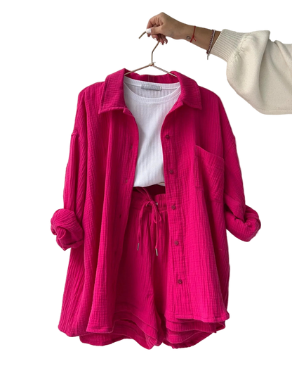 Outfit Conjunto de Camisa manga larga con solapa y short de tiro alto con cordón