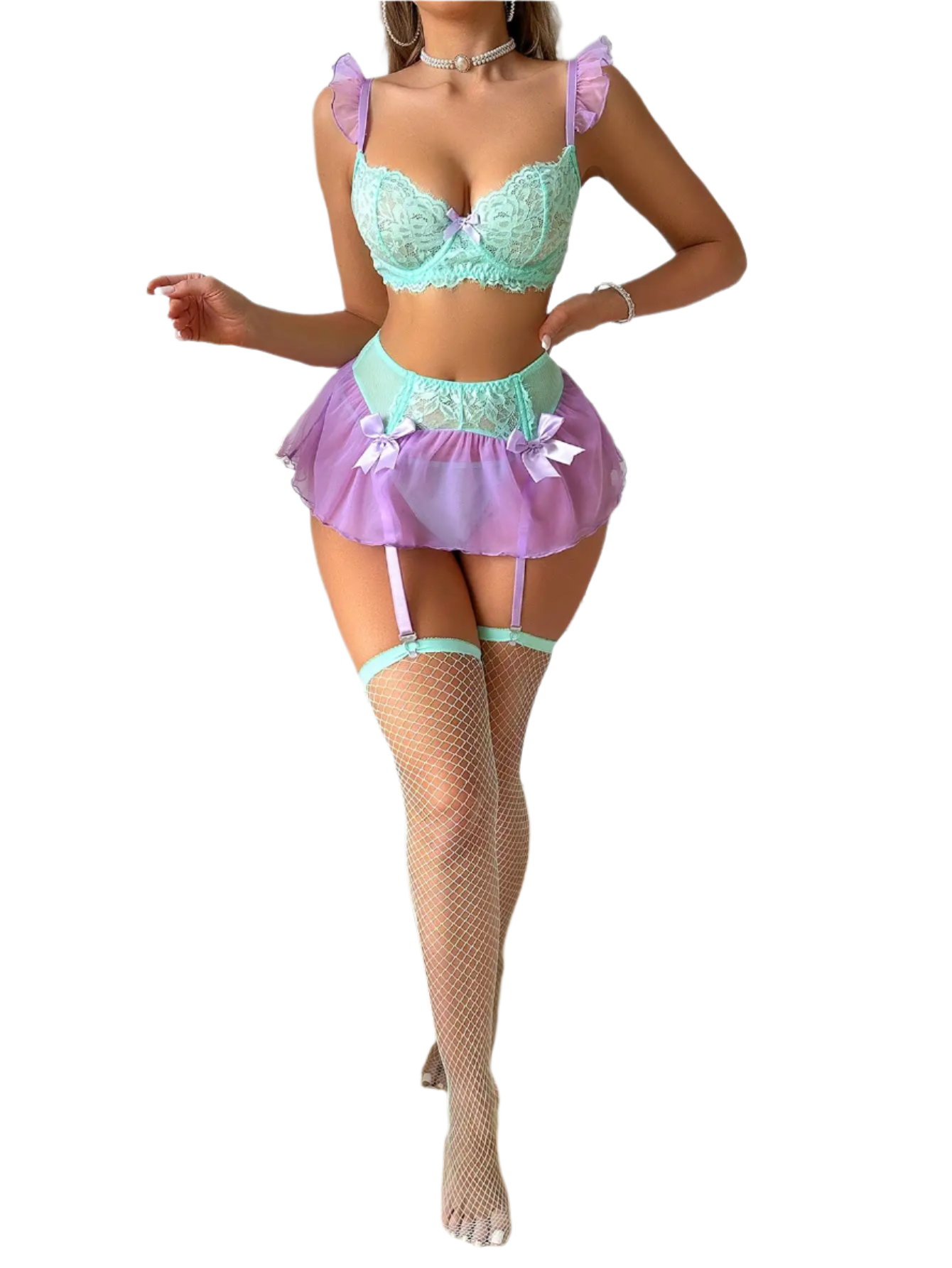 Conjunto de lencería de tul Cosplay con encaje a contraste y tirantes con volantes más liguero
