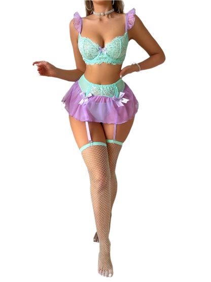 Conjunto de lencería de tul Cosplay con encaje a contraste y tirantes con volantes más liguero