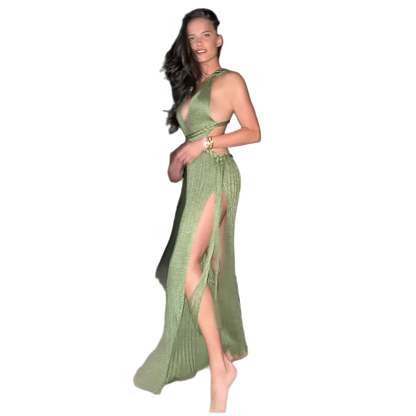 Boho Chic V-neck knitted long beach dress with fitted waist and side slit