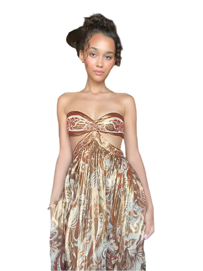 Women's Backless Off Shoulder Summer Dress with Flirty Print and Hollow Cutout