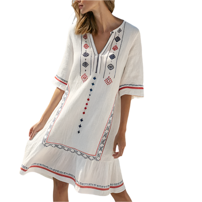Women's Plus Size Boho Chic V-Neck Summer Dress with 3/4 Sleeves and Floral Print 