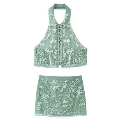 Boho Chic Set of Backless Embroidered Halter Top and Skirt