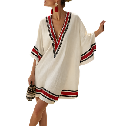 Women's Plus Size Boho Chic V-Neck Summer Dress with 3/4 Sleeves and Floral Print 