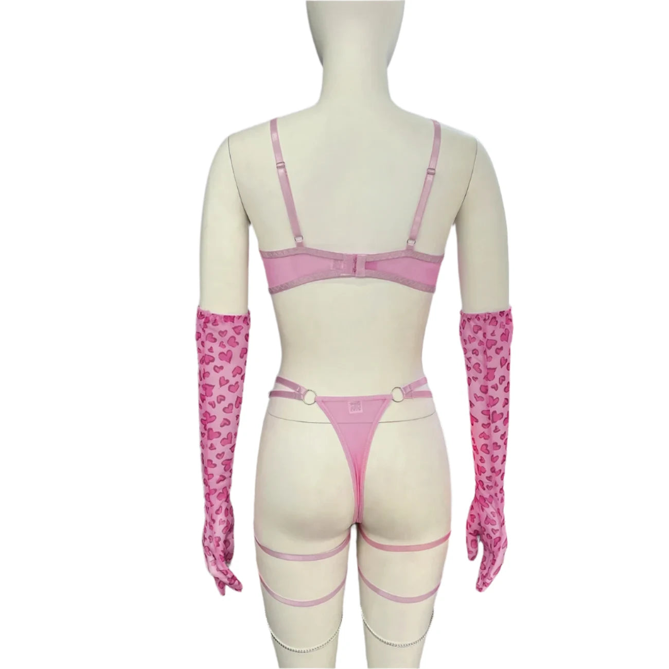 Leopard Print Push Up Bra Lingerie Set, Sheer Lace Trim, Includes Gloves and Stockings 