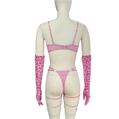 Leopard Print Push Up Bra Lingerie Set, Sheer Lace Trim, Includes Gloves and Stockings 