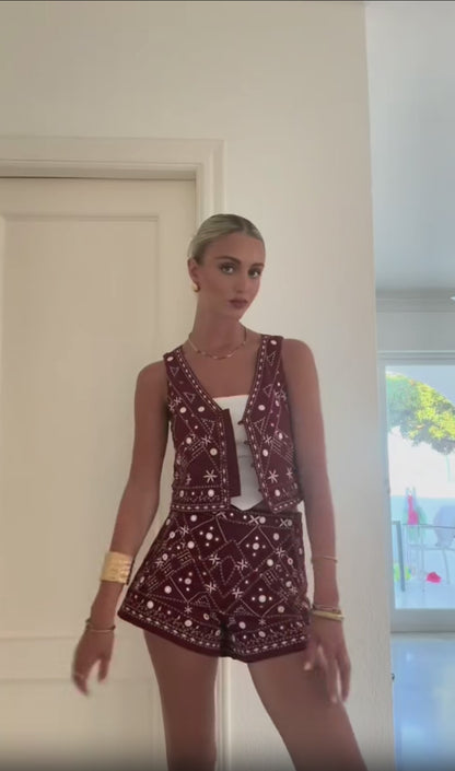Boho Chic Outfit Set of Red Embroidered Sleeveless Vest and Wide Leg Shorts