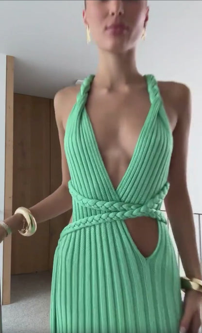 Boho Chic V-neck knitted long beach dress with fitted waist and side slit