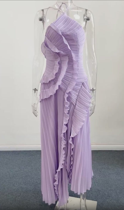 Women's Long Pleated Dress with Halter Neckline in Purple Maxi Style 