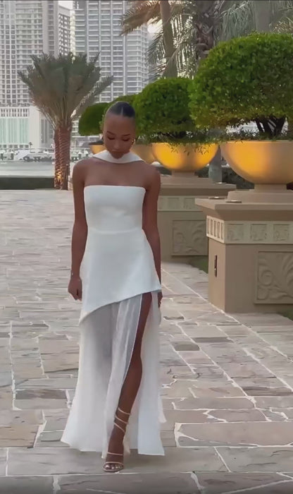 Women's Elegant Strapless Mesh Bow Patchwork Long Dress 